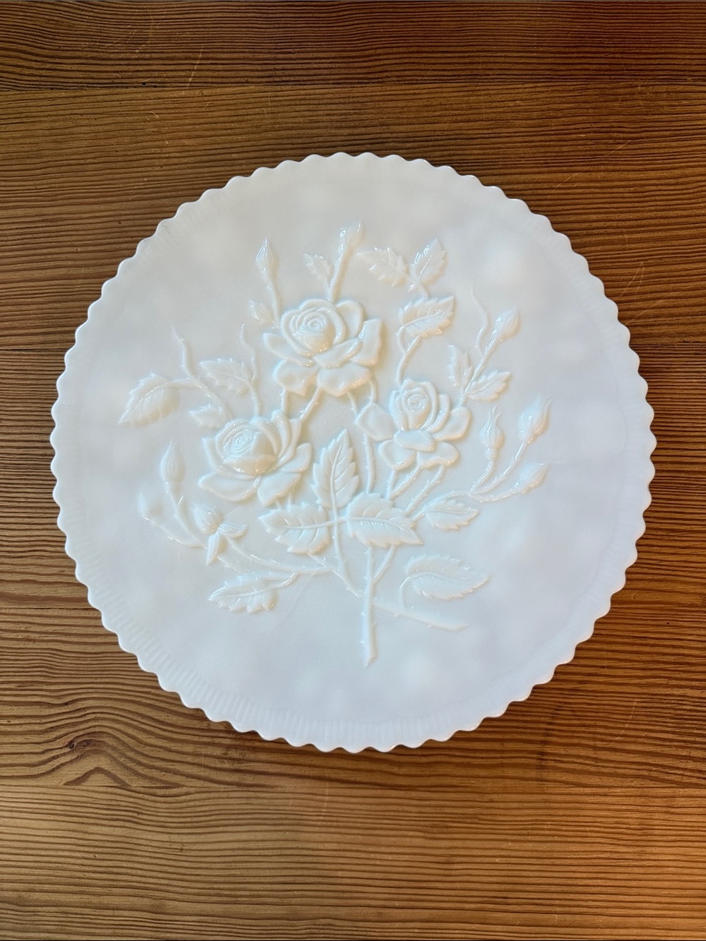 Vintage Imperial Glass Milk Glass Serving Plate w/ Embossed 3D Roses